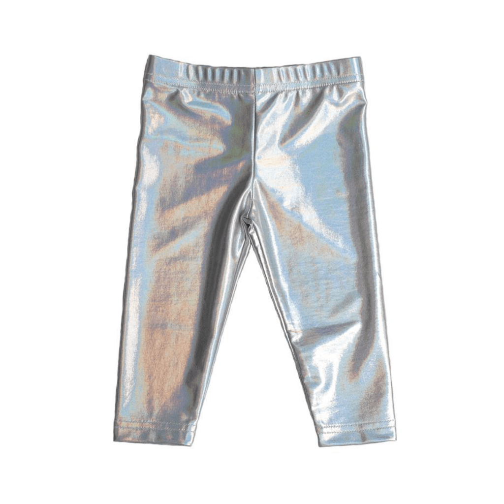 An Anarkid baby's outlet item Anarkid Silver Leggings - LUCKY LASTS - 2 YEARS ONLY with an elastic waist on a white background. (final sale)