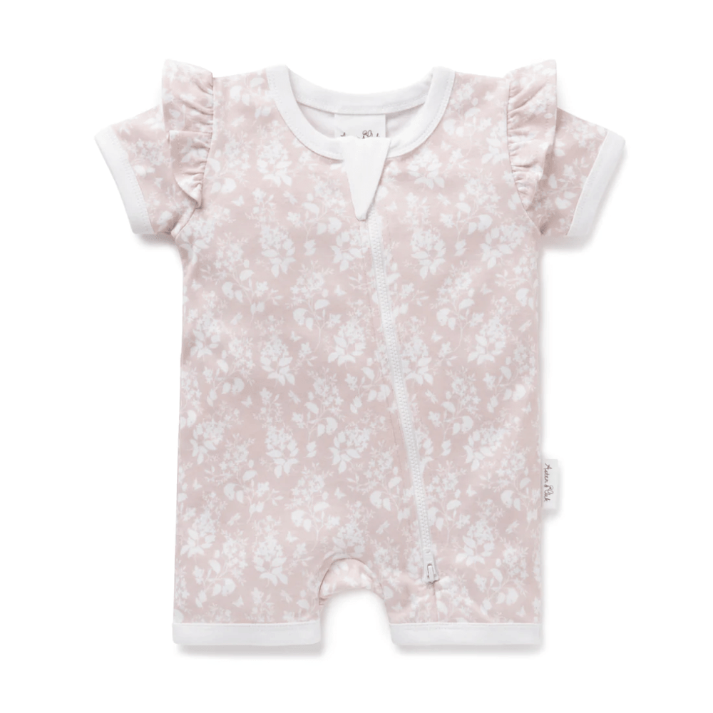 Pink Floral / Newborn Aster & Oak Organic Cotton Flutter Sleeve Zip Romper (Multiple Variants) - Naked Baby Eco Boutique