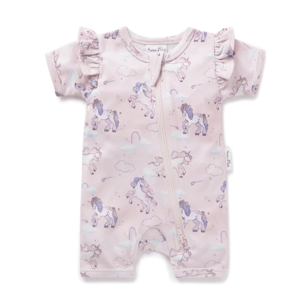 Unicorn / Newborn Aster & Oak Organic Cotton Flutter Sleeve Zip Romper (Multiple Variants) - Naked Baby Eco Boutique