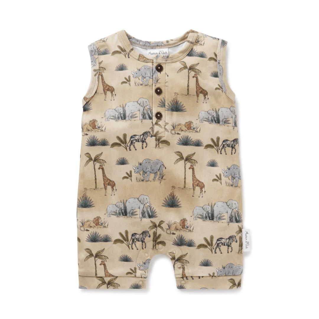 Safari / 0-3 Months Aster & Oak Organic Cotton Henley Romper - Naked Baby Eco Boutique