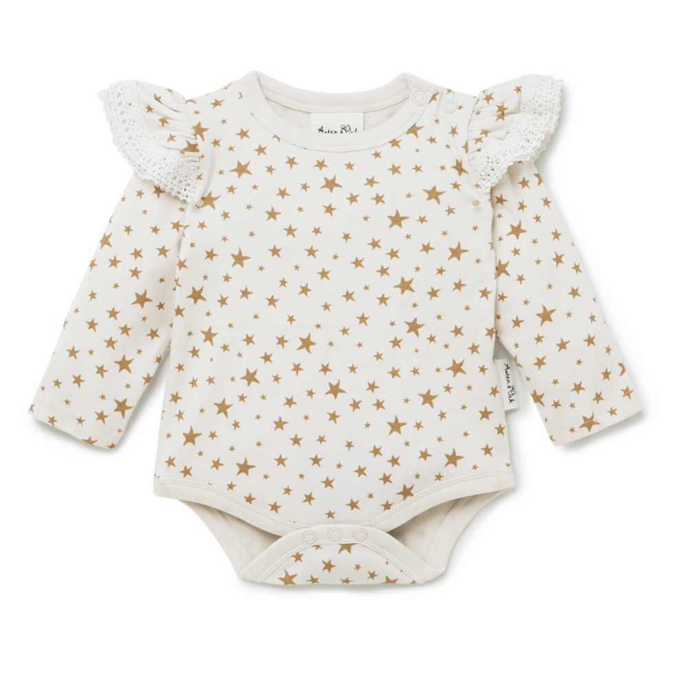 Taffy Star / 000 (0-3 Months) Aster & Oak Organic AOP Ruffle Onesie (Multiple Variants) - Naked Baby Eco Boutique