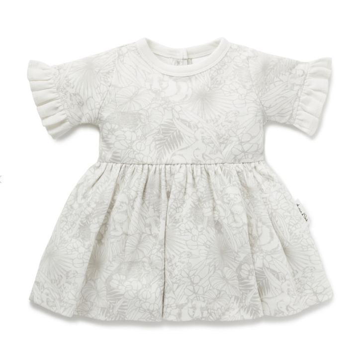 An Aster & Oak Organic Animal Frill Skater Dress - LUCKY LAST - 2 YEARS in white with floral frill ruffles.