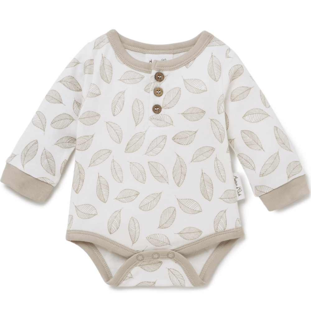 Aster-and-Oak-Organic-Cotton-AOP-Henley-Onesie-Leaf-Drop-Naked-Baby-Eco-Boutique