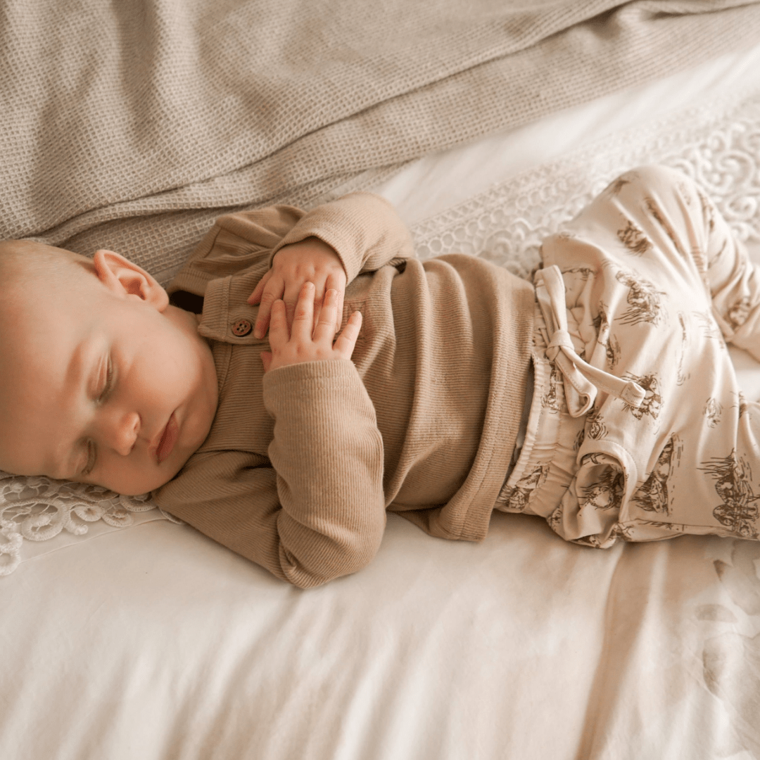 Baby-Sleeping-Wearing-Aster-and-Oak-Organic-Rib-Henley-Top-Hazelnut-Naked-Baby-Eco-Boutique