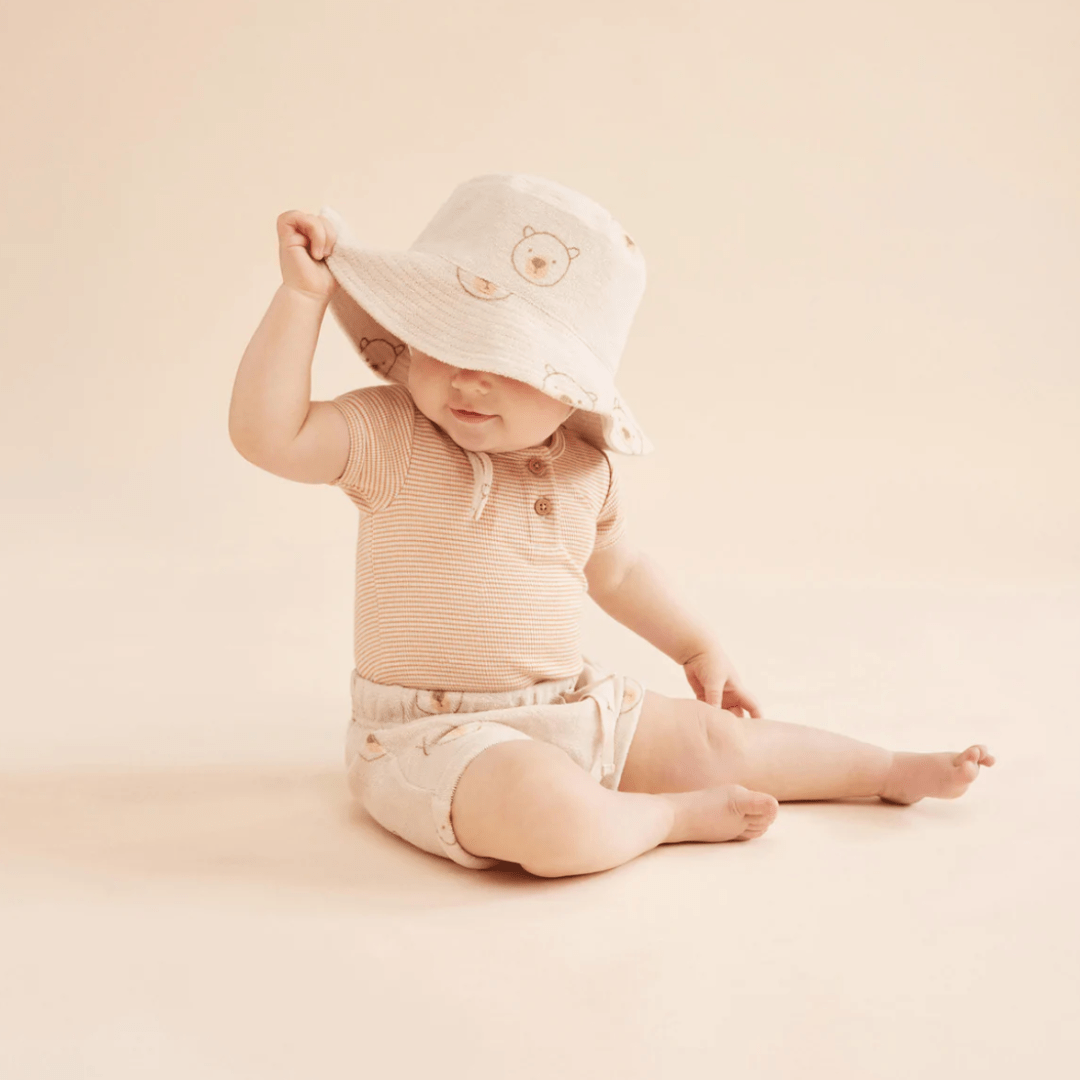 Baby-Wearing-Sunhat-and-Wilson-and-Frenchy-Organic-Terry-Tie-Front-Shorts-Beary-Cute-Naked-Baby-Eco-Boutique