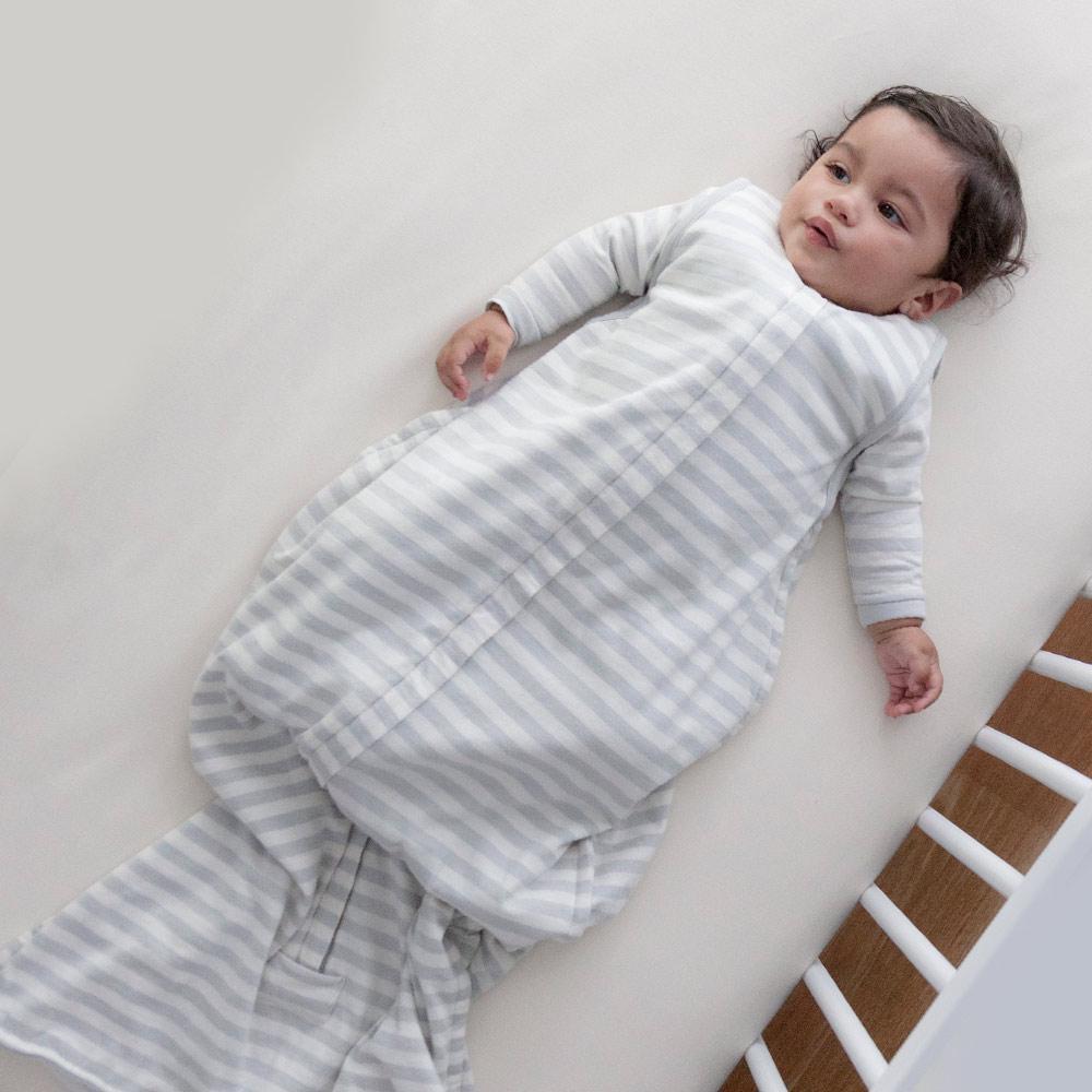 Baby-in-Cot-Wearing-Woolbabe-3-Seasons-Organic-Cotton-Merino-Sleeping-Gown-Pebble-Naked-Baby-Eco-Boutique