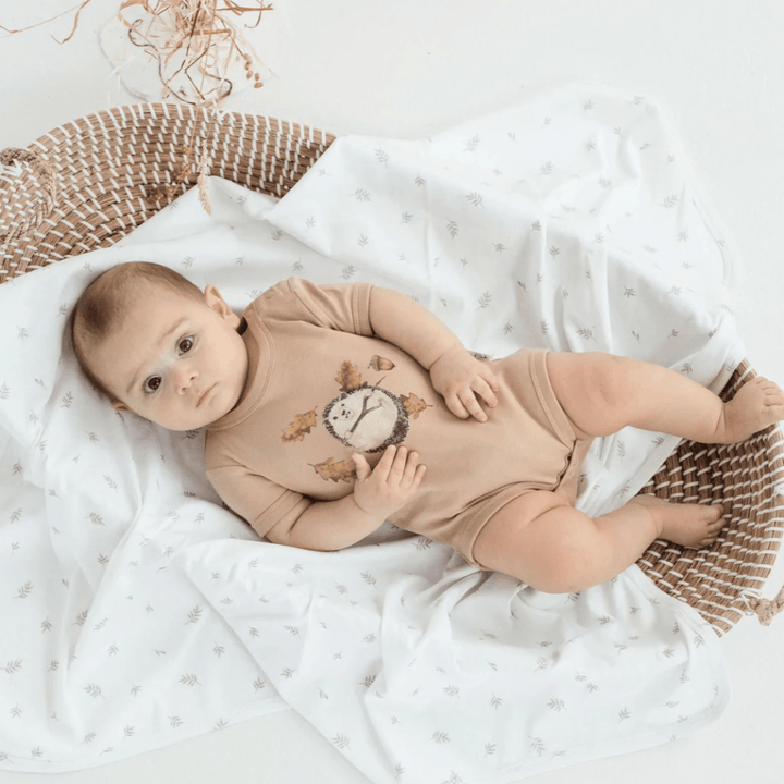 Baby-in-Moses-Basket-Wearing-Aster-and-Oak-Organic-Cotton-Print-Onesie-Hedgehog-Naked-Baby-Eco-Boutique