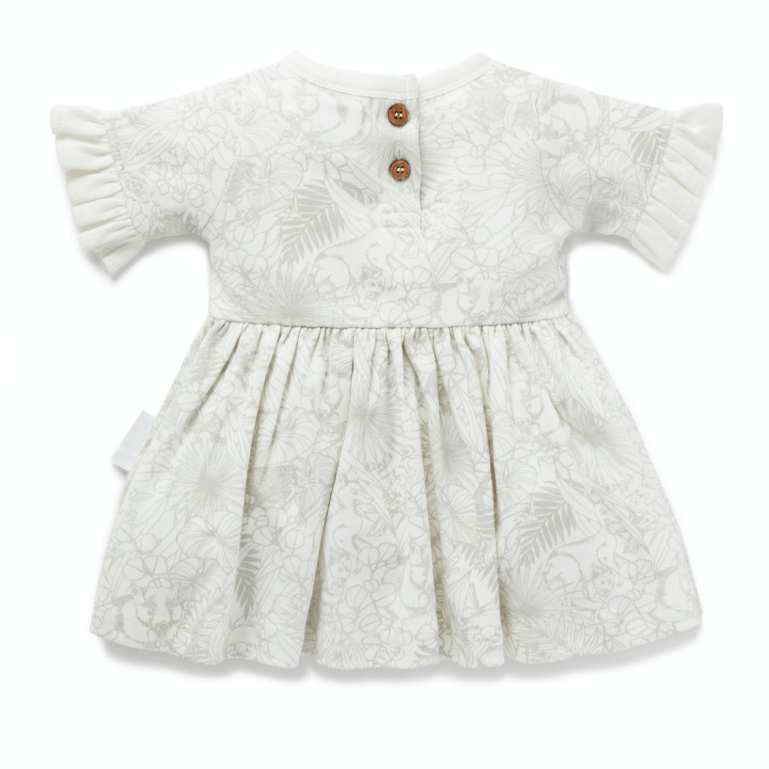 An Aster & Oak Organic Animal Frill Skater Dress - LUCKY LAST - 2 YEARS for a baby girl, featuring a frill and floral print.
