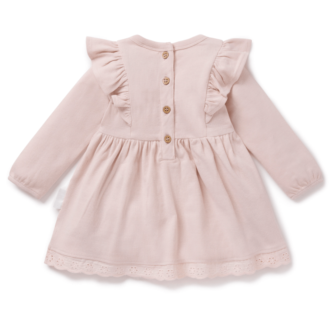 Back-View-of-Aster-and-Oak-Organic-Rib-Ruffle-Dress-Blush-Naked-Baby-Eco-Boutique