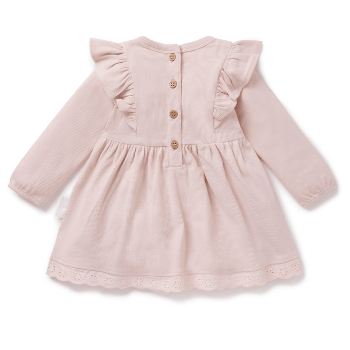 Back-View-of-Aster-and-Oak-Organic-Rib-Ruffle-Dress-Blush-Naked-Baby-Eco-Boutique