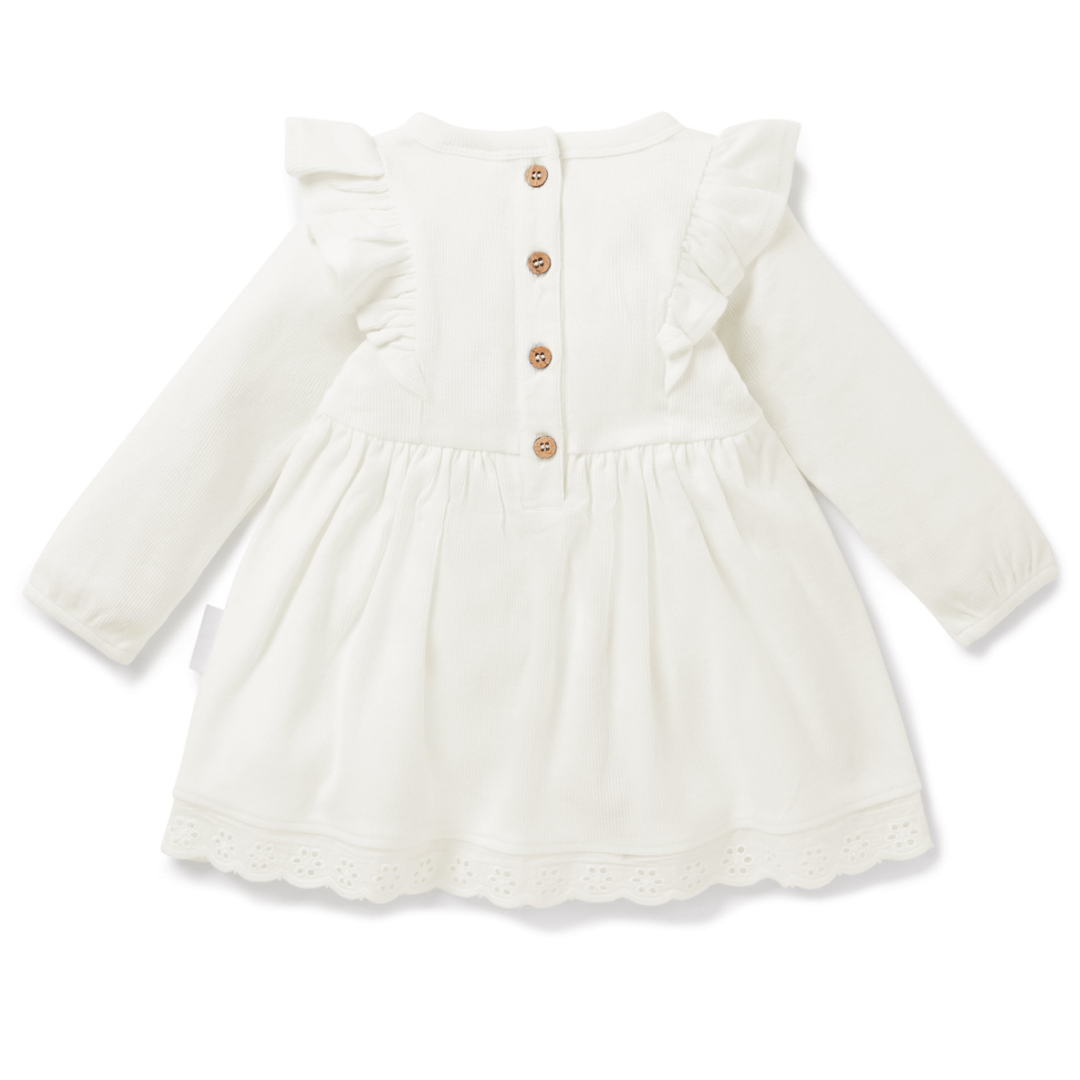 Back-View-of-Aster-and-Oak-Organic-Rib-Ruffle-Dress-Snow-Naked-Baby-Eco-Boutique