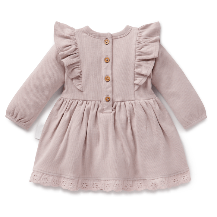 Back-View-of-Aster-and-Oak-Organic-Rib-Ruffle-Dress-Violet-Naked-Baby-Eco-Boutique