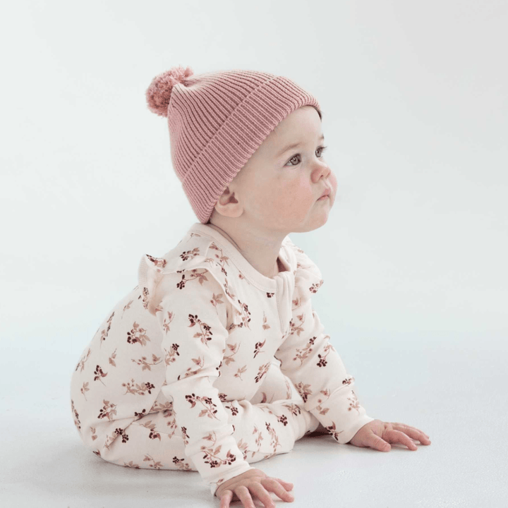 Child-Starting-to-Crawl-Wearing-Aster-and-Oak-Organic-Ruffle-Zip-Romper-Berry-Naked-Baby-Eco-Boutique