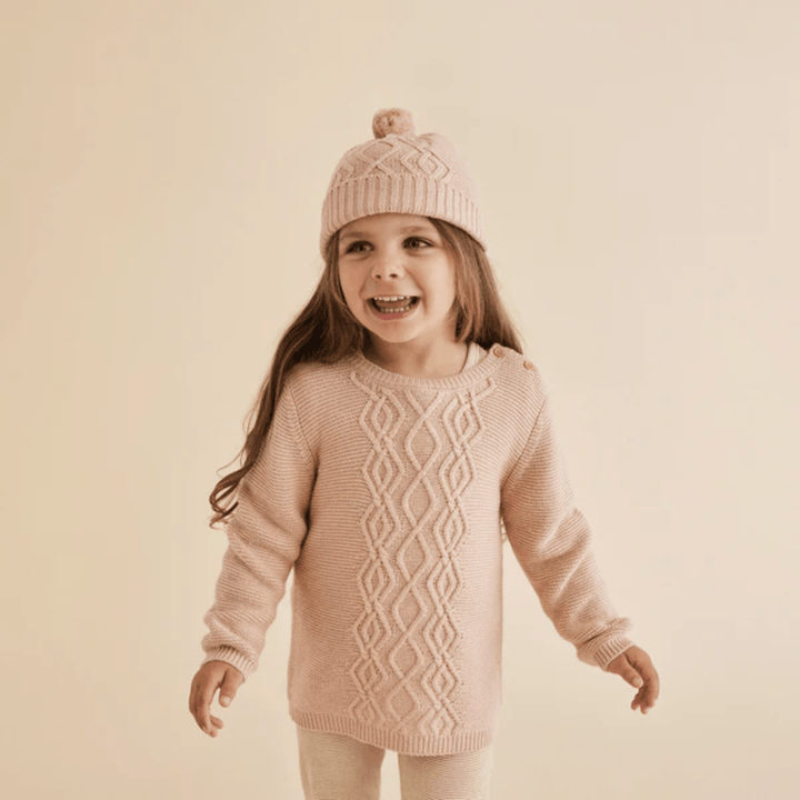 Child-Wearing-Wilson-And-Frenchy-Knitted-Cable-Hat-Rose-Naked-Baby-Eco-Boutique