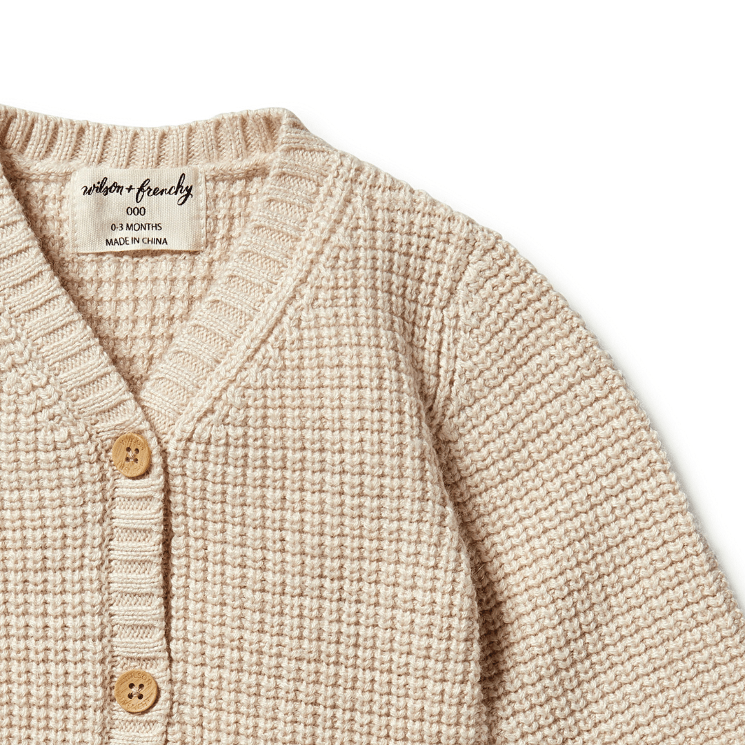 Close-Up-Neckline-Of-Wilson-And-Frenchy-Knitted-Button-Cardigan-Oatmeal-Melange-Naked-Baby-Eco-Boutique