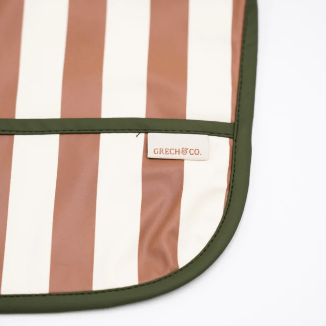 Close-Up-Of-Grech-And-Co-Recycled-Smock-Bib-Stripes-Atlas-And-Tierra-Naked-Baby-Eco-Boutique
