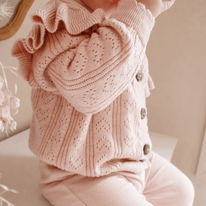 Close-Up-Of-Knit-Pattern-Aster-And-Oak-Organic-Ruffle-Knit-Cardigan-Pink-Naked-baby-Eco-Boutique
