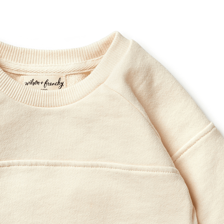 Close-Up-Of-WIlson-And-Frenchy-Organic-Terry-Spliced-Sweat-Top-Eggnog-Naked-Baby-Eco-Boutique
