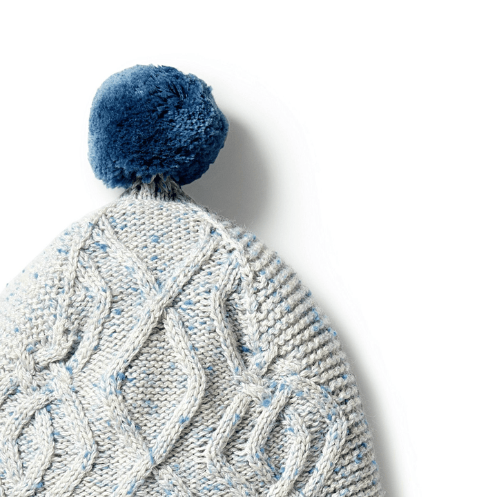 Close-Up-Of-Wilson-And-Frenchy-Knitted-Cable-Bonnet-Bluestone-Fleck-Naked-Baby-Eco-Boutique