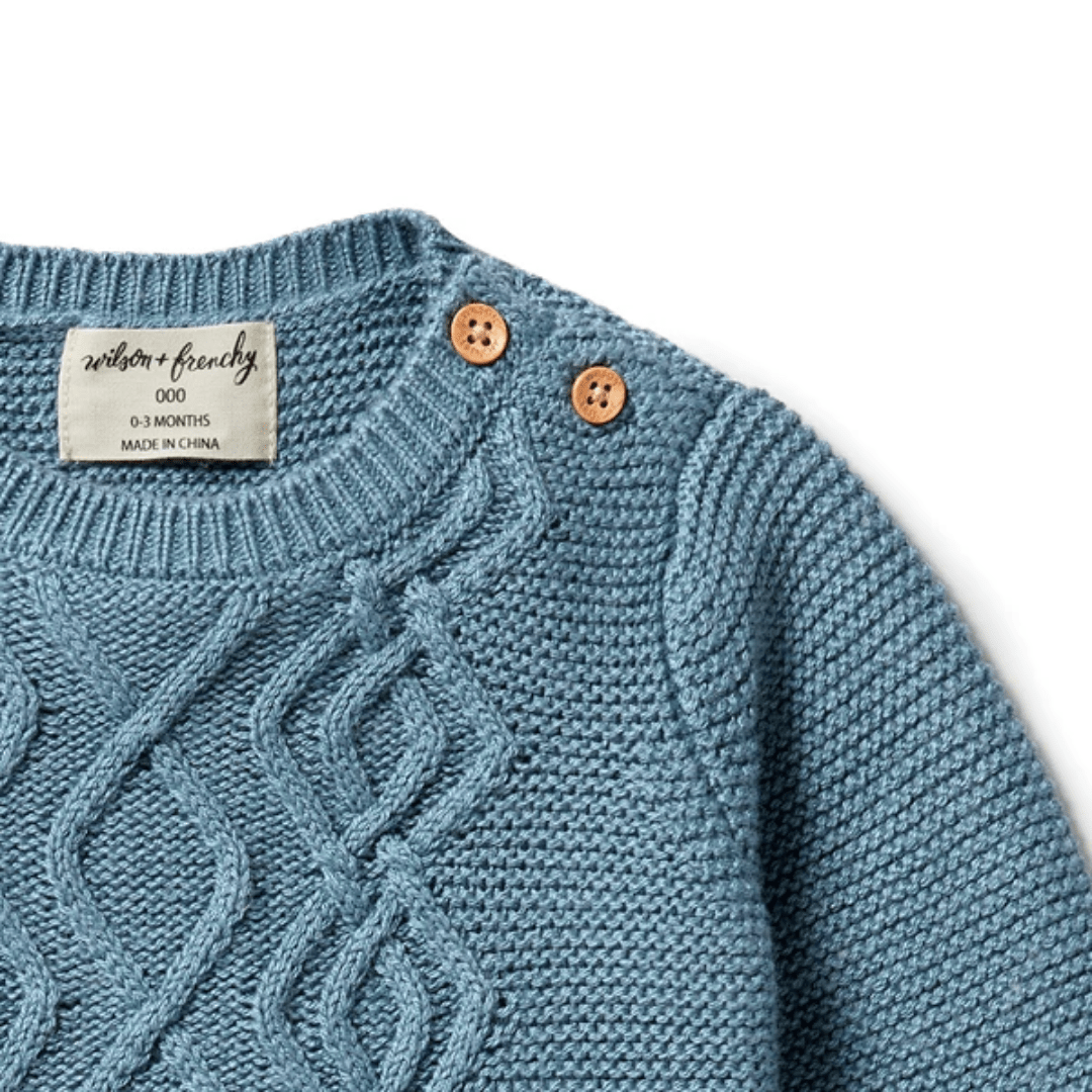 Close-Up-Of-Wilson-And-Frenchy-Knitted-Cable-Jumper-Bluestone-Naked-Baby-Eco-Boutique