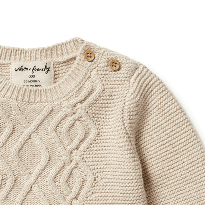 Close-Up-Of-Wilson-And-Frenchy-Knitted-Cable-Jumper-Oatmeal-Melange-Naked-Baby-Eco-Boutique