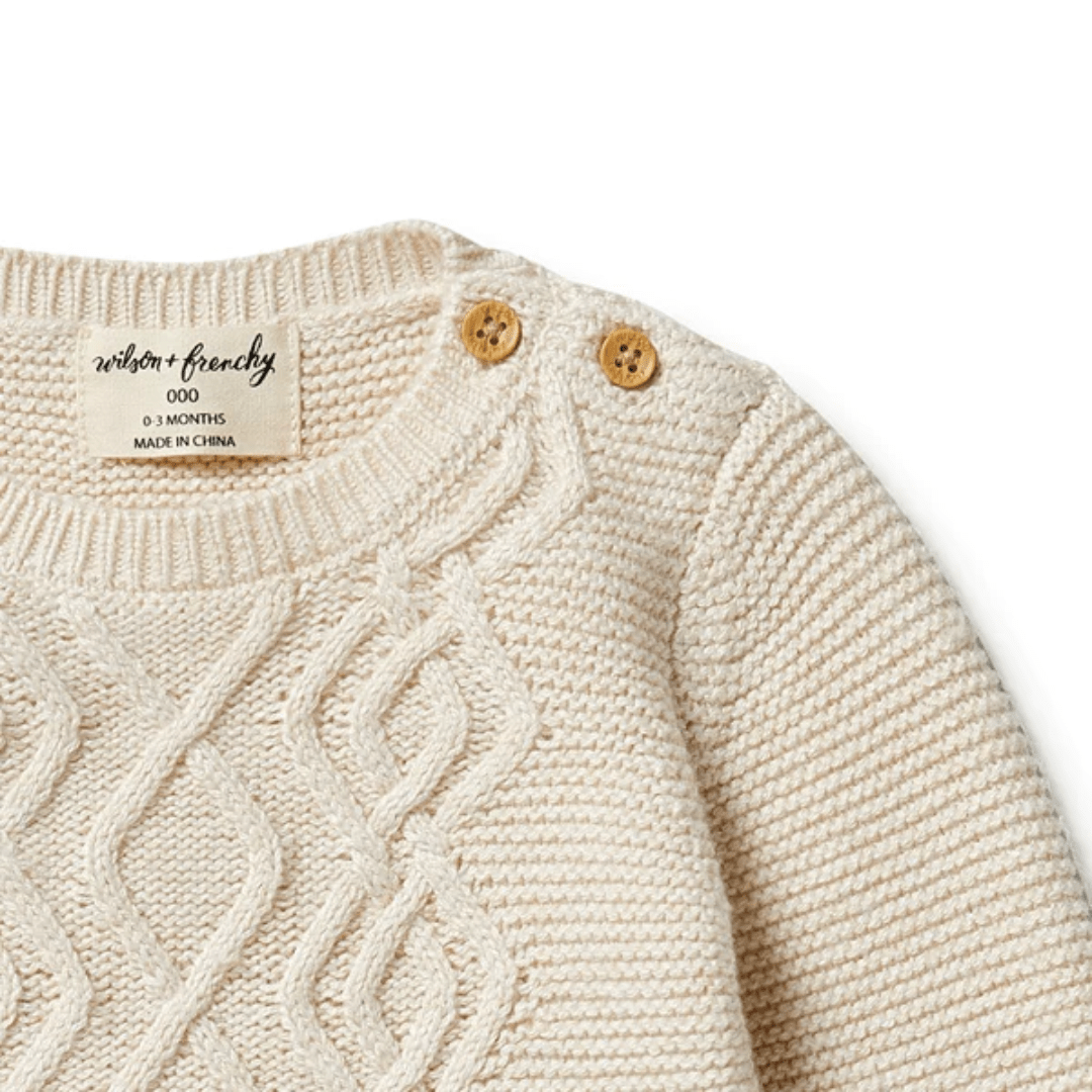 Close-Up-Of-Wilson-And-Frenchy-Knitted-Cable-Jumper-Sand-Melange-Naked-Baby-Eco-Boutique