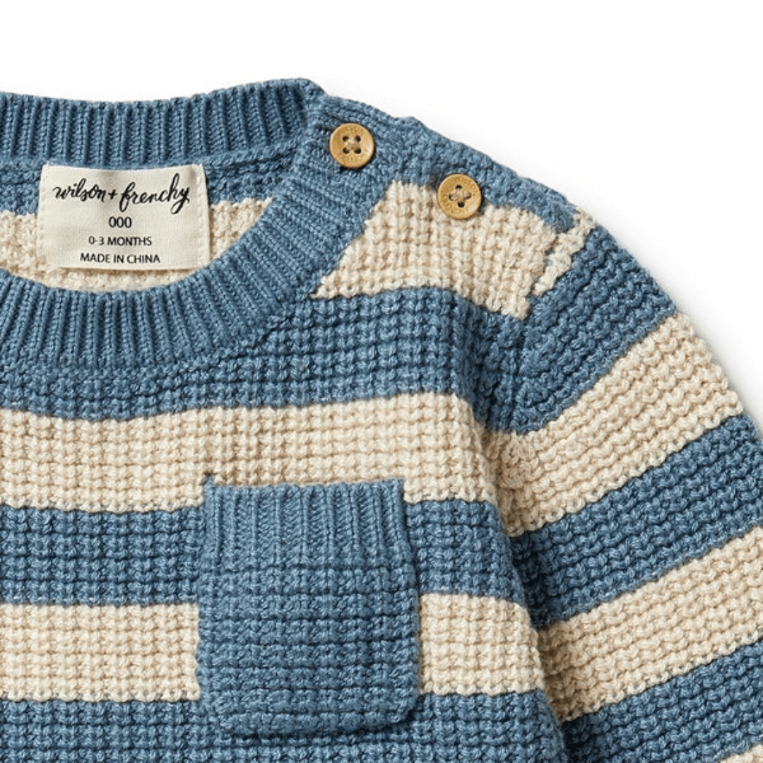 Close-Up-Of-Wilson-And-Frenchy-Knitted-Stripe-Pocket-Jumper-Naked-Baby-Eco-Boutique