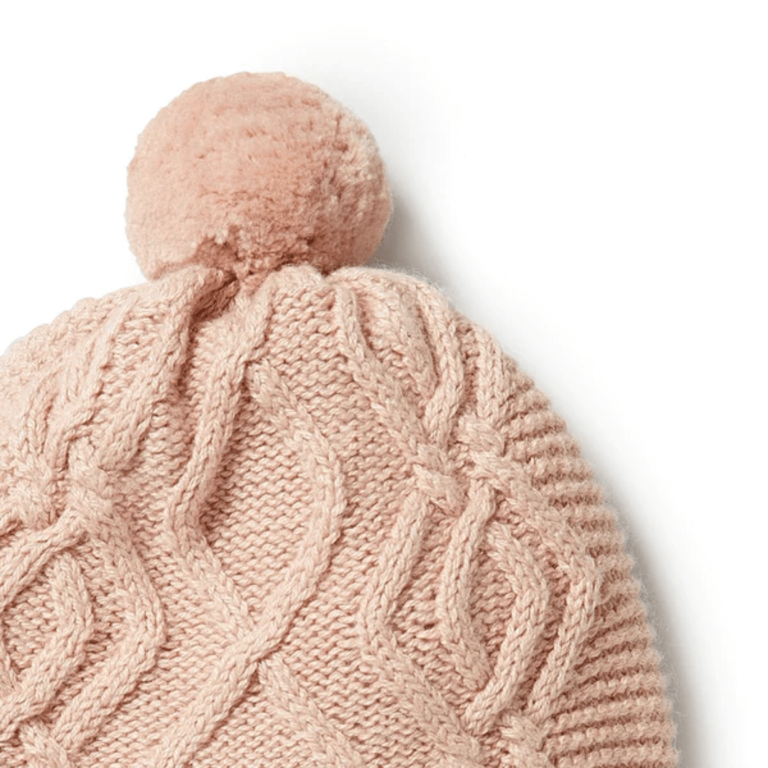 Close-Up-Of-Wilson-And-Frenchy-Knitted-Cable-Hat-Rose-Naked-Baby-Eco-Boutique