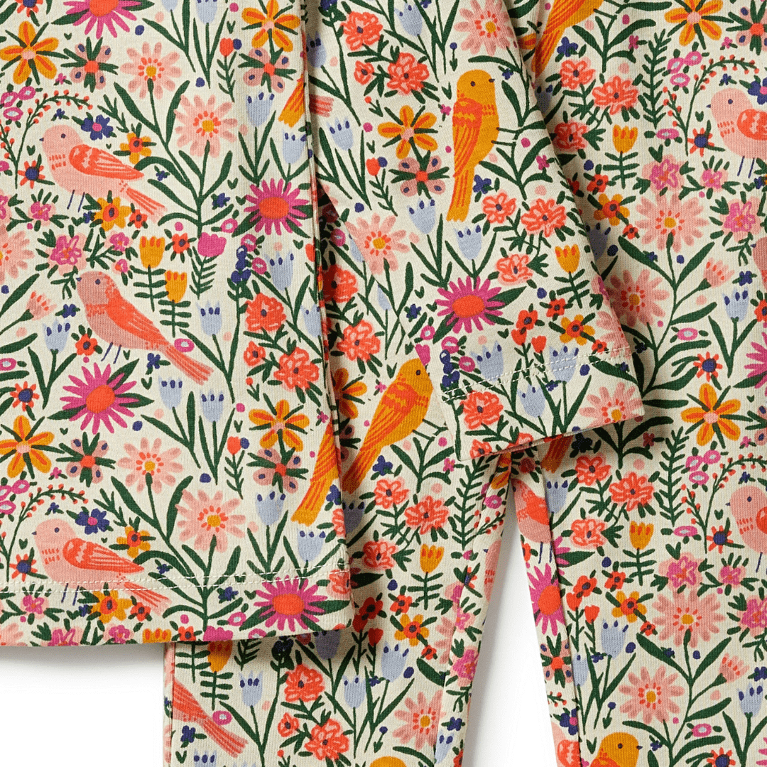 Close-Up-Of-Wilson-And-Frenchy-Organic-Rib-Long-Sleeve-Pyjamas-Birdy-Floral-Naked-Baby-Eco-Boutique