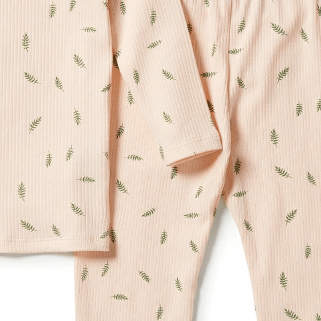 Close-Up-Of-Wilson-And-Frenchy-Organic-Rib-Long-Sleeve-Pyjamas-Falling-Leaf-Naked-Baby-Eco-Boutique