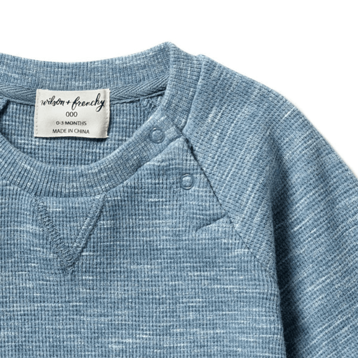 Close-Up-Of-Wilson-And-Frenchy-Organic-Waffle-Sweat-Top-Bluestone-Naked-Baby-Eco-Boutique