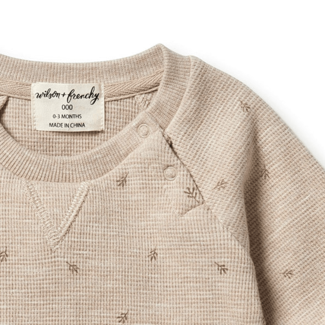 Close-Up-Of-Wilson-And-Frenchy-Organic-Waffle-Sweat-Top-Leaf-Naked-Baby-Eco-Boutique