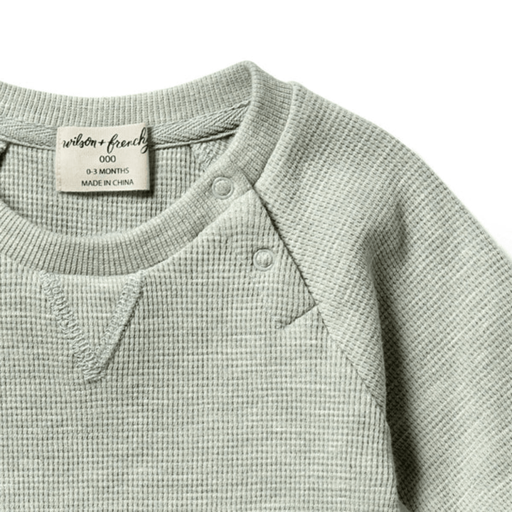 Close-Up-Of-Wilson-And-Frenchy-Organic-Waffle-Sweat-Top-Sage-Naked-Baby-Eco-Boutique