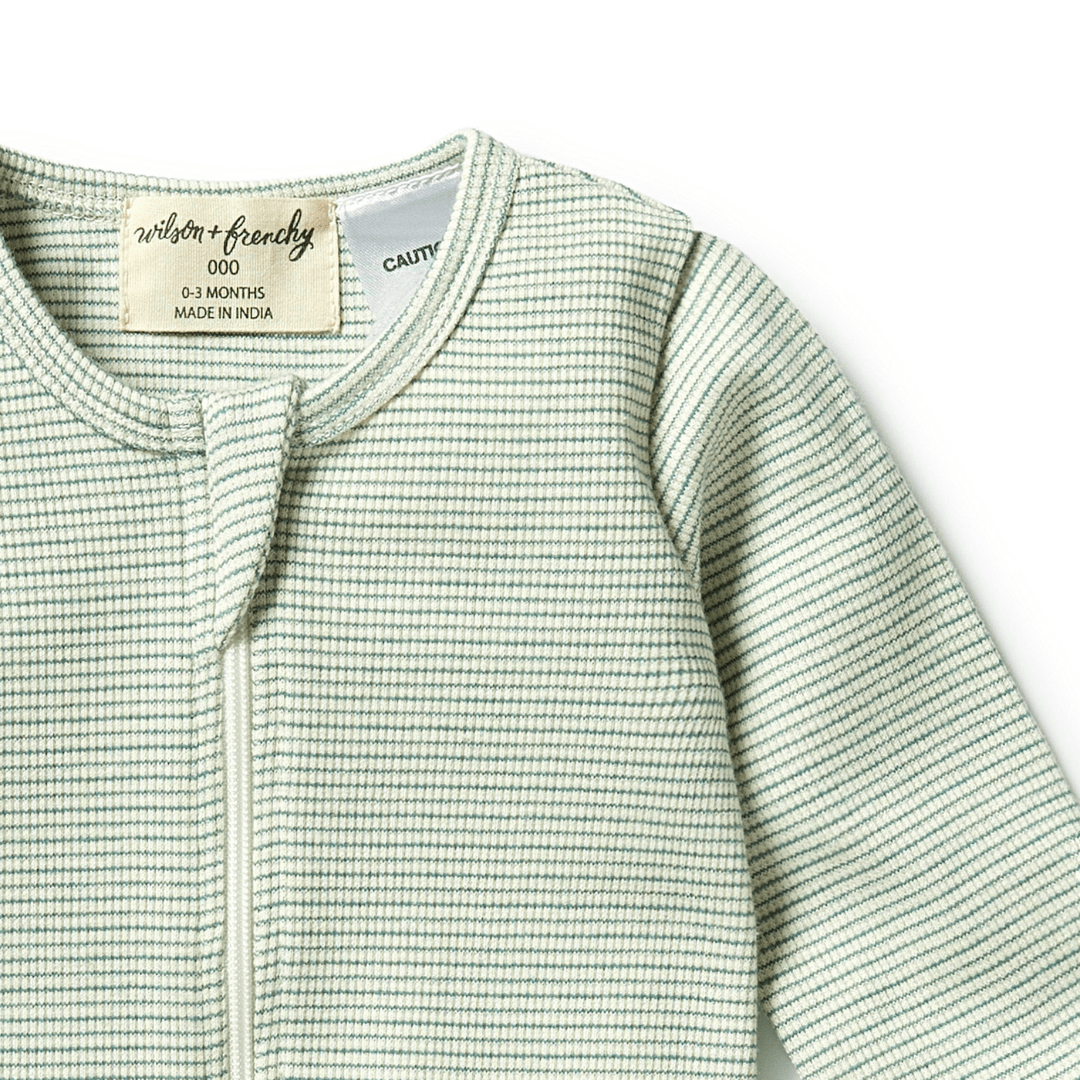 Close-Up-Of-Zip-On-Wilson-And-Frenchy-Organic-Stripe-Rib-Baby-Pyjamas-Deep-Sea-Naked-Baby-Eco-Boutique