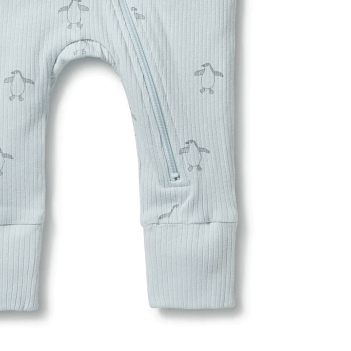 Close-Up-Of-Zip-Wilson-And-Frenchy-Organic-Rib-Baby-Pyjamas-Little-Penguin-Naked-Baby-Eco-Boutique