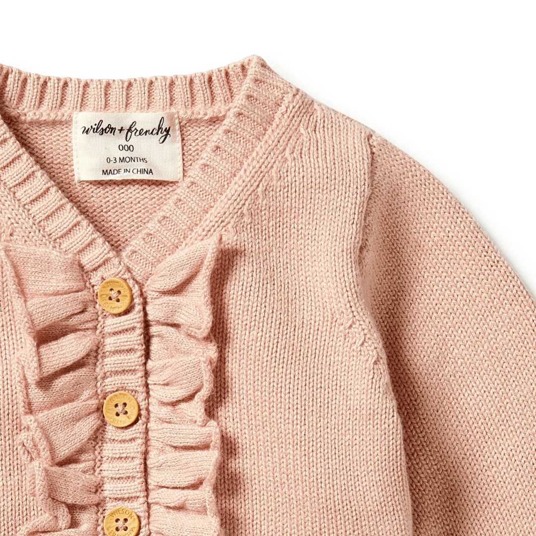 Close-up-of-Ruffle-and-Buttons-on-Wilson-and-Frenchy-Knitted-Ruffle-Cardigan-Rose-Naked-Baby-Eco-Boutique