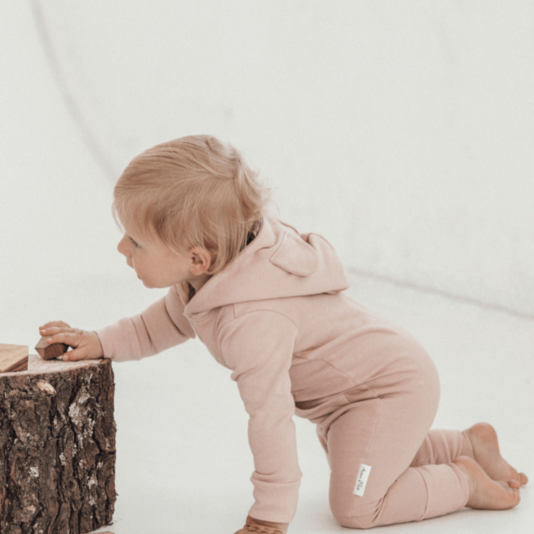Crawling-Baby-Wearing-Aster-And-Oak-Organic-Cotton-Bear-Romper-Pink-Naked-Baby-Eco-Boutique