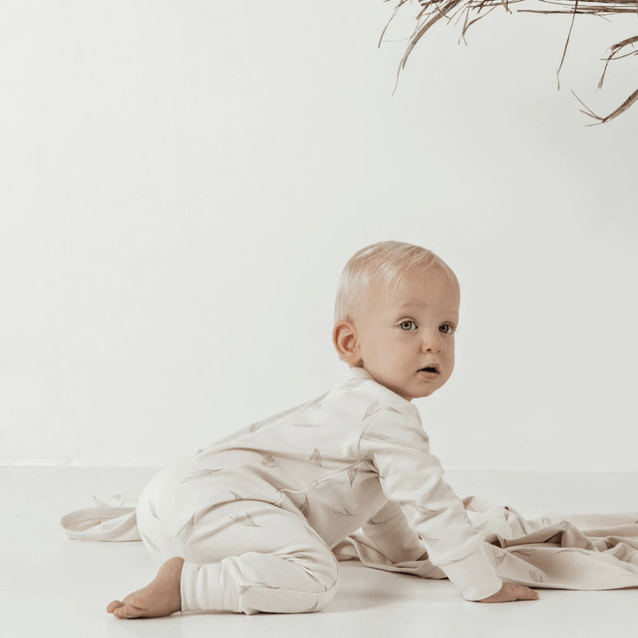 Crawling-Baby-Wearing-Aster-And-Oak-Organic-Cotton-Long-Sleeved-Zip-Romper-Wisp-Naked-Baby-Eco-Boutique