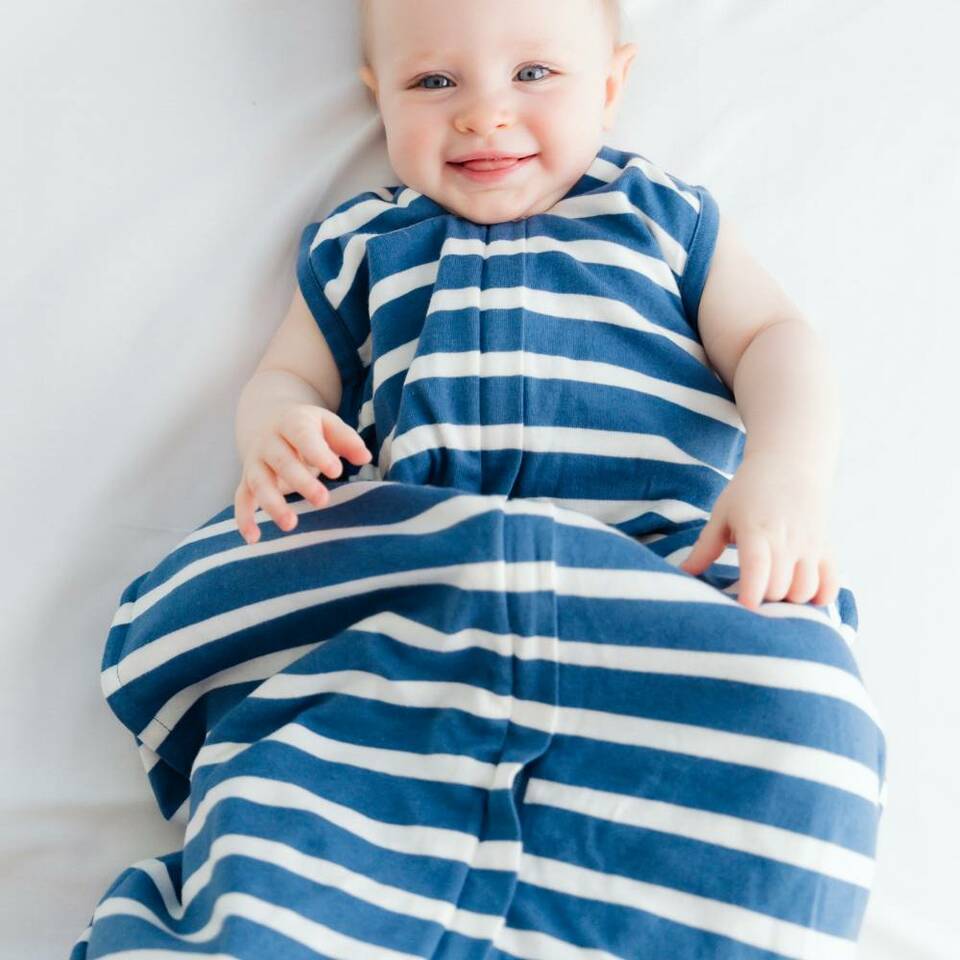 Cute-Baby-Wearing-Woolbabe-3-Seasons-Organic-Cotton-Merino-Sleeping-Bag-River-Stripe-Naked-Baby-Eco-Boutique