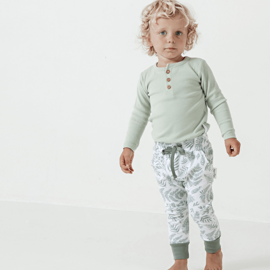Cute-Toddler-Wearing-Aster-and-Oak-Organic-Cotton-Harem-Pants-Fern-Naked-Baby-Eco-Boutique
