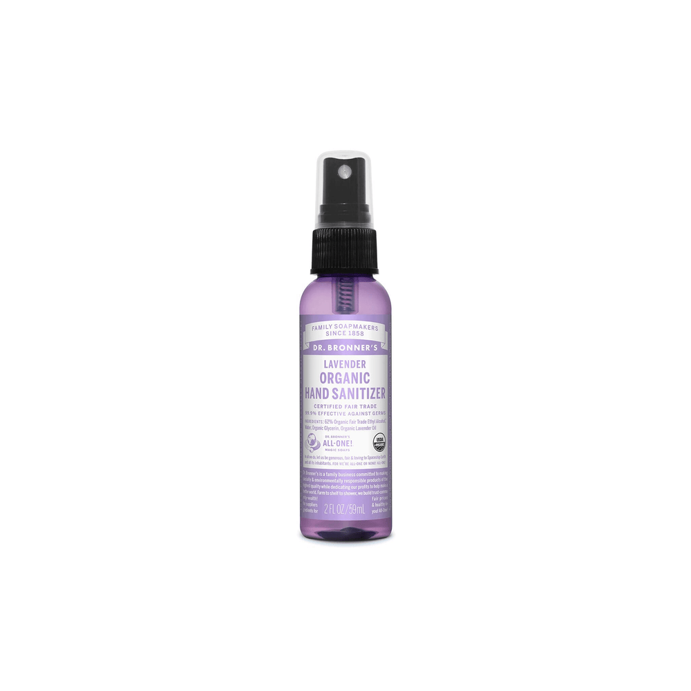 An Dr. Bronner's Organic Hand Sanitizer mist in a bottle on a white background.
