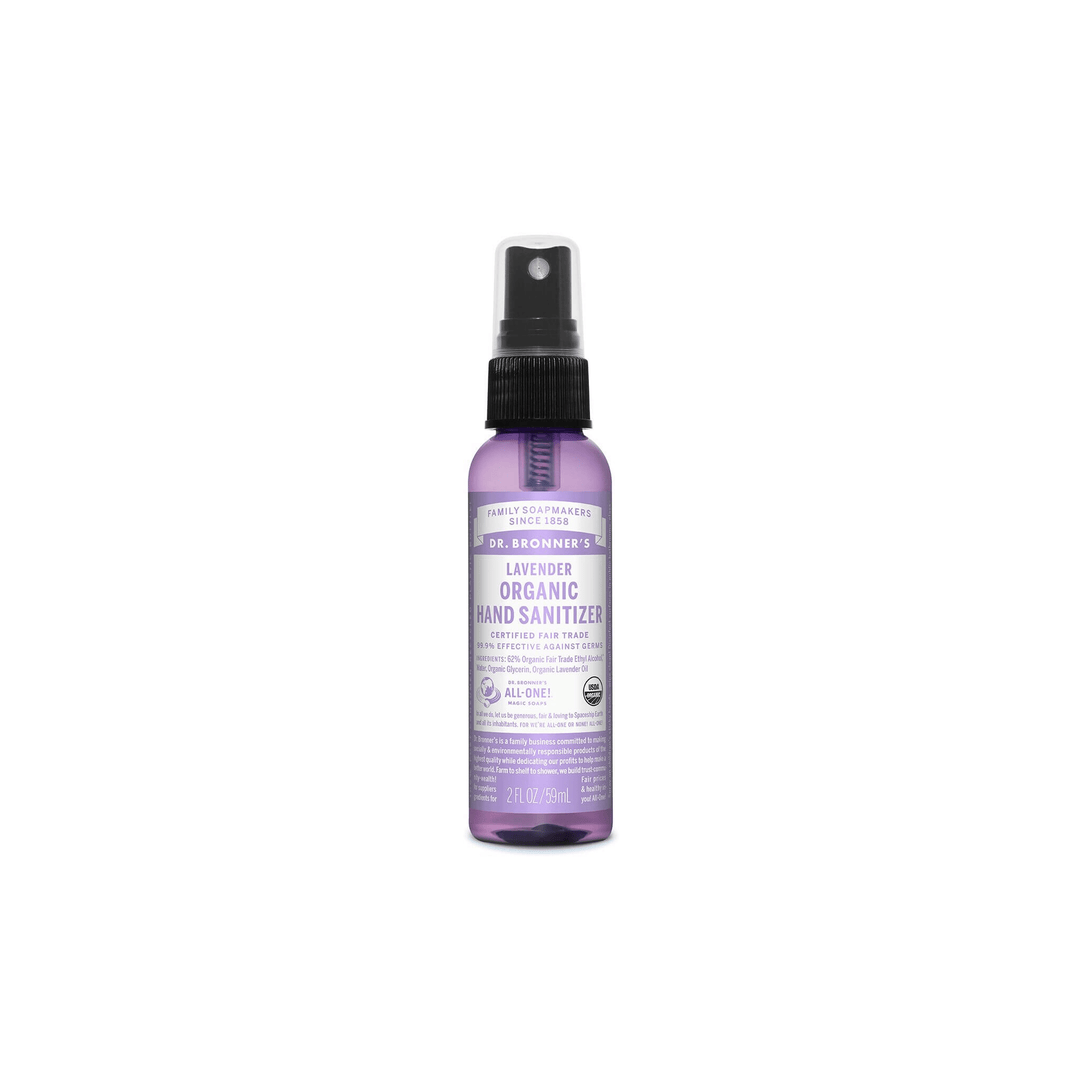 A bottle of Dr. Bronner's Organic Hand Sanitizer - LUCKY LASTS - PEPPERMINT ONLY on a white background.