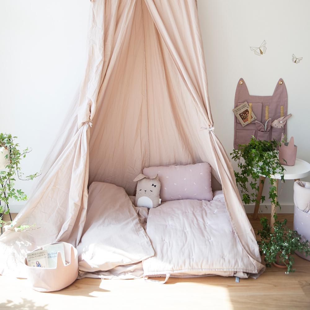 A pink tent with Fabelab Organic Cotton Animal Cushions - LUCKY LAST - BEAR (HONEY) in a child's room.