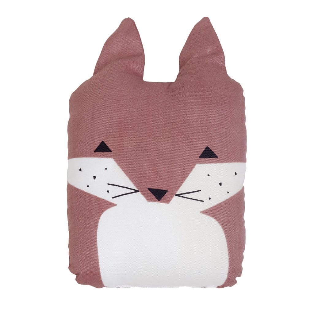 A pink Fabelab Organic Cotton Animal Cushion with a fox face on it, perfect for cuddling and made of organic cotton.