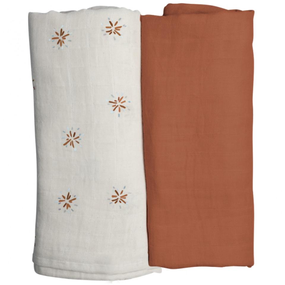 Two Fabelab organic muslin swaddles with brown and white designs.