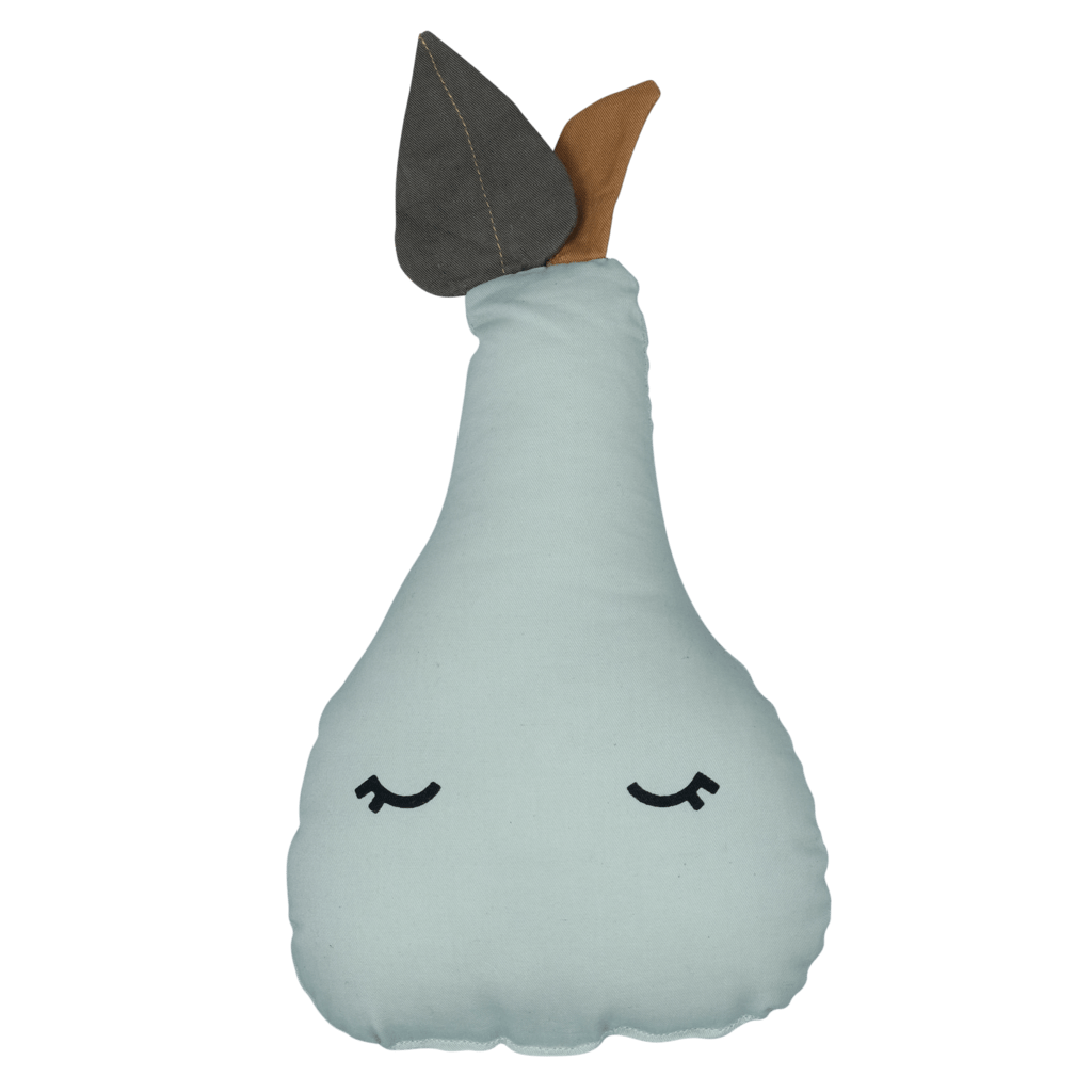 A huggable Fabelab Organic Cotton Pear Cushion crafted from organic cotton, with eyes closed.