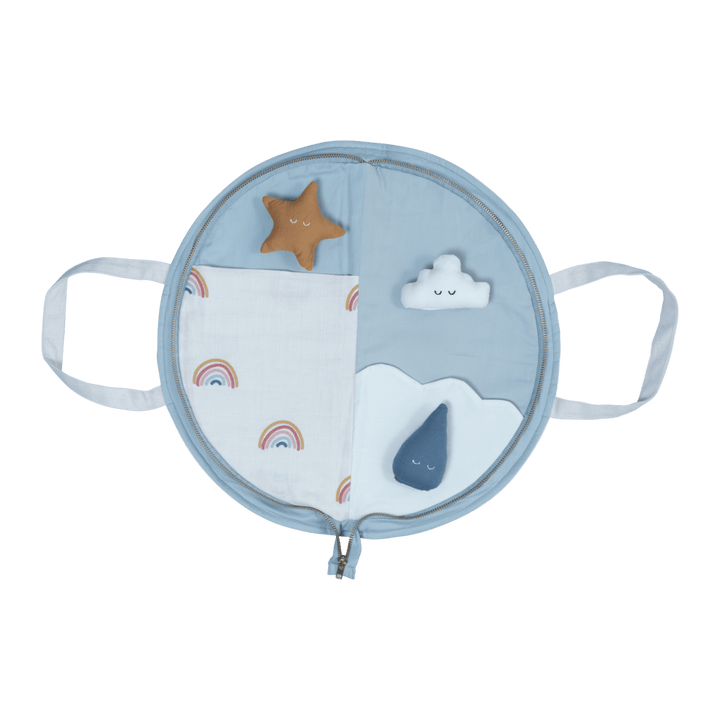 A blue Fabelab Organic Cotton Play Purse with clouds, stars and a rainbow.