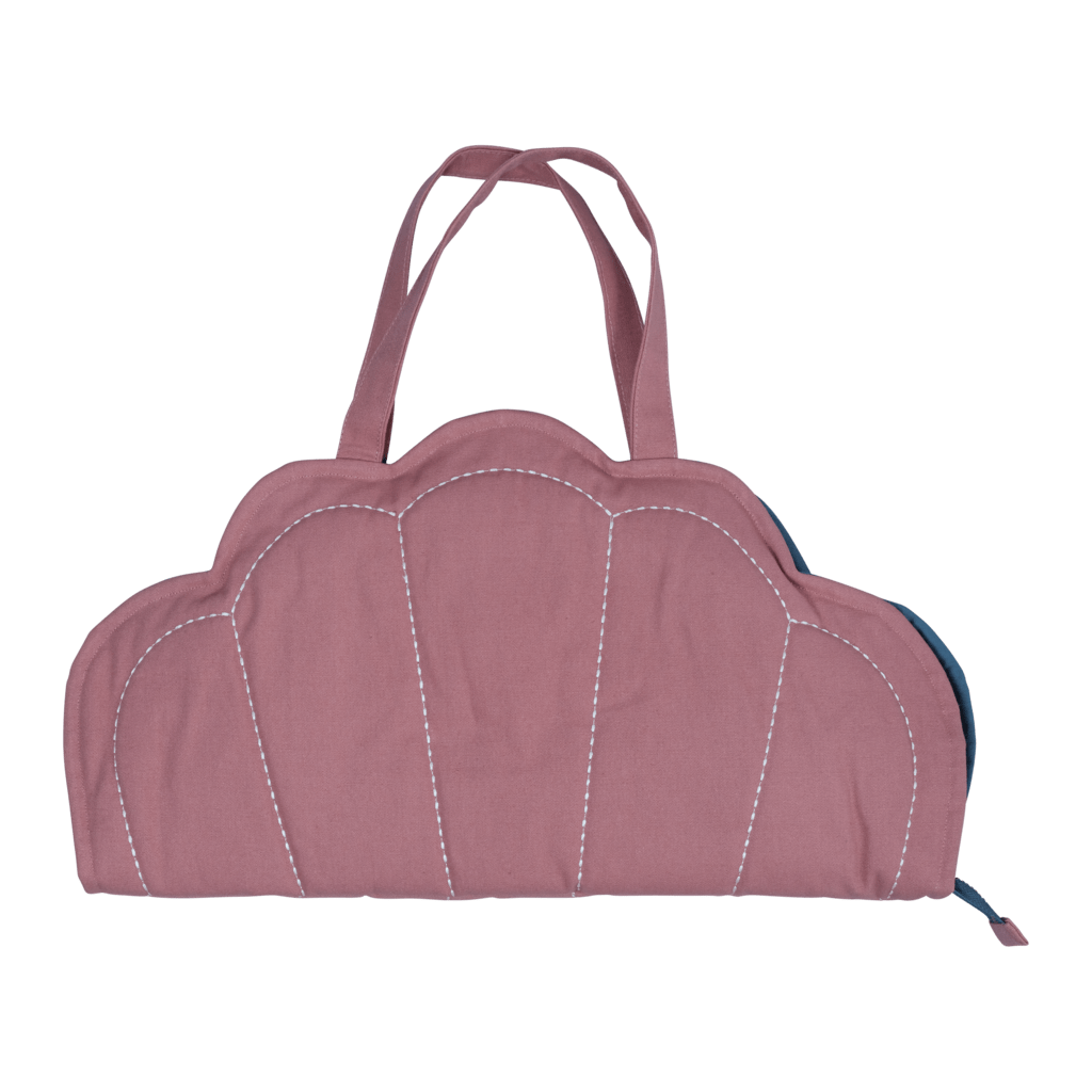A pink shell bag with blue trim, perfect for Fabelab Organic Cotton Play Purses.