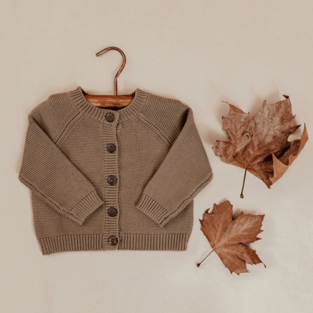 Flatlay-Of-Aster-And-Oak-Organic-Chunky-Knit-Cardigan-Timber-Naked-Baby-Eco-Boutique