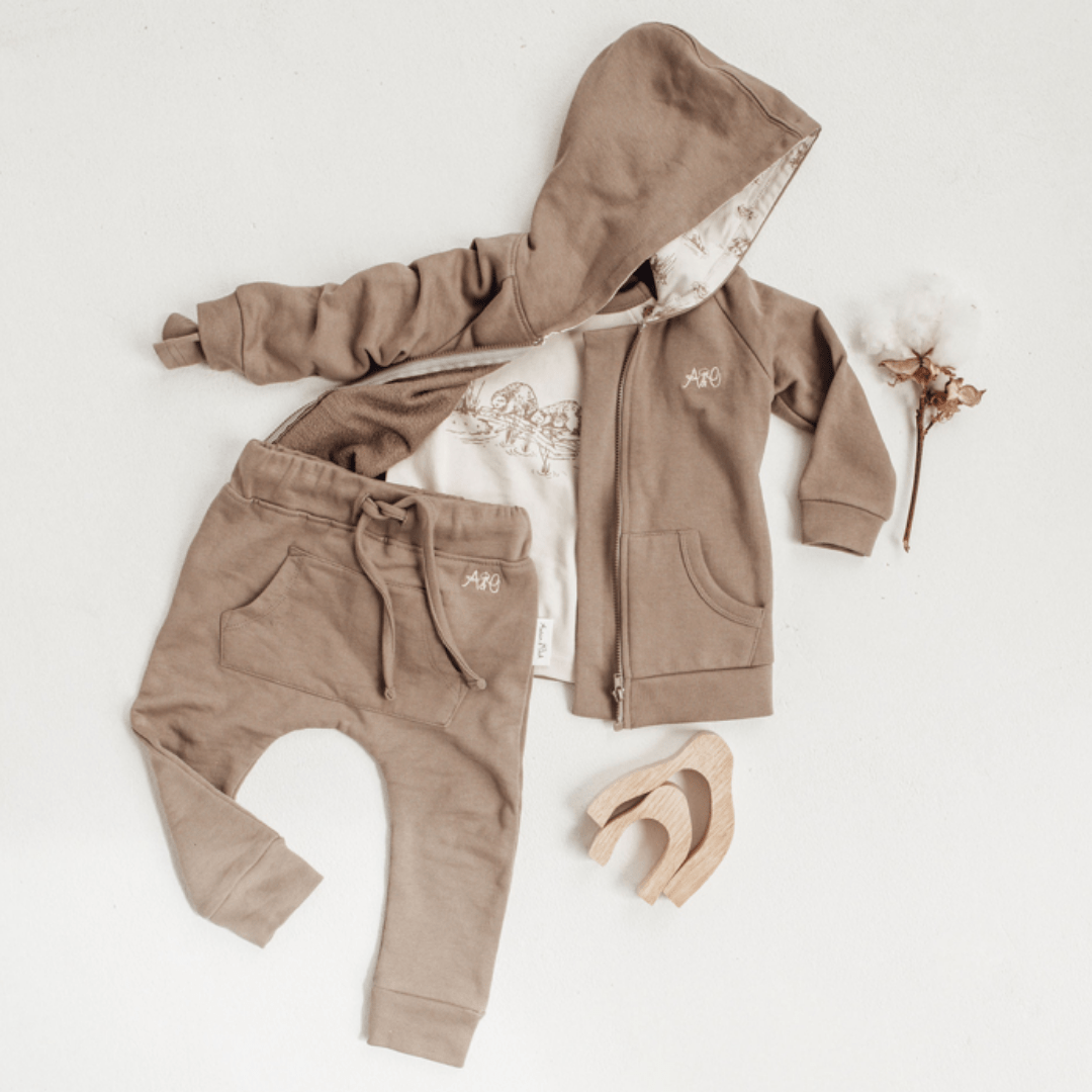Flatlay-Of-Aster-And-Oak-Organic-Cotton-Jogger-Pants-Timber-Naked-Baby-Eco-Boutique